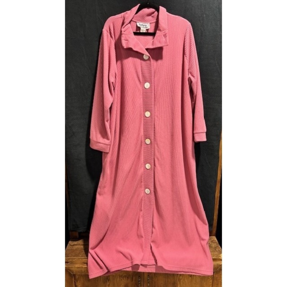 Anthony Richards Pink Ribbed Fleece Robe Button Front Long Housecoat Womens 2X
